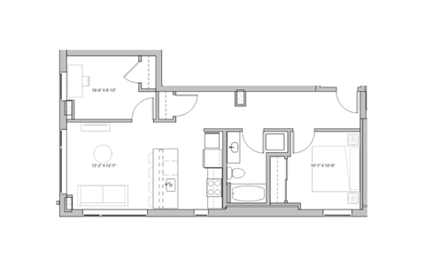 Floor plan for 2 beds, 1 bath, 833 sqft
